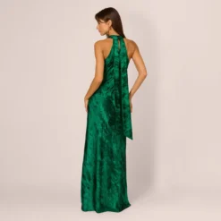 Metallic Chiffon Halter Gown In Green -Glam Mirth Sales MN1E206963 AA310 Regular Back