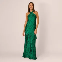Metallic Chiffon Halter Gown In Green