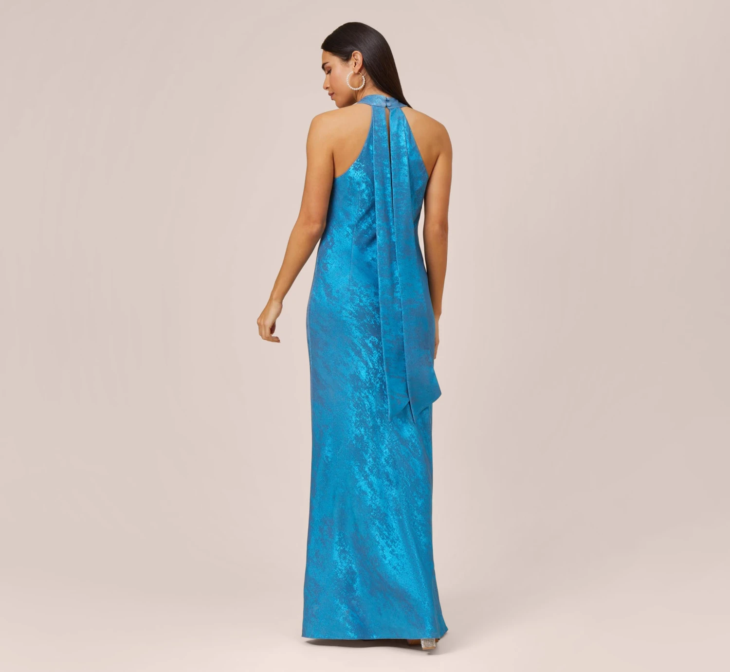 Metallic Chiffon Halter Gown In Ocean Dream 4 Metallic Chiffon Halter Gown In Ocean Dream - Image 4