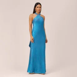Metallic Chiffon Halter Gown In Ocean Dream