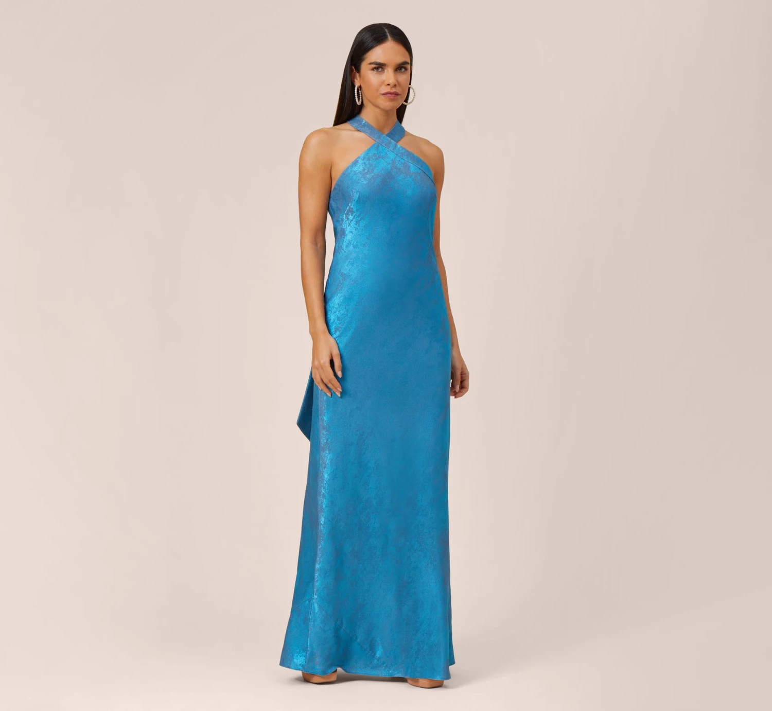 Metallic Chiffon Halter Gown In Ocean Dream 1 Metallic Chiffon Halter Gown In Ocean Dream