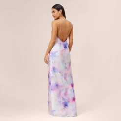 Watercolor Print Satin Gown In Purple Multi 9 Watercolor Print Satin Gown In Purple Multi -Glam Mirth Sales MN1E206966 AA592 Regular Back