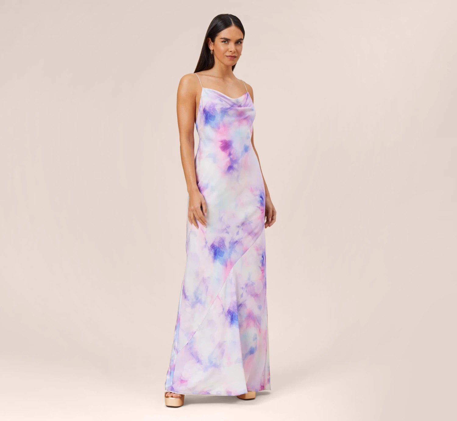 Watercolor Print Satin Gown In Purple Multi 1 Watercolor Print Satin Gown In Purple Multi