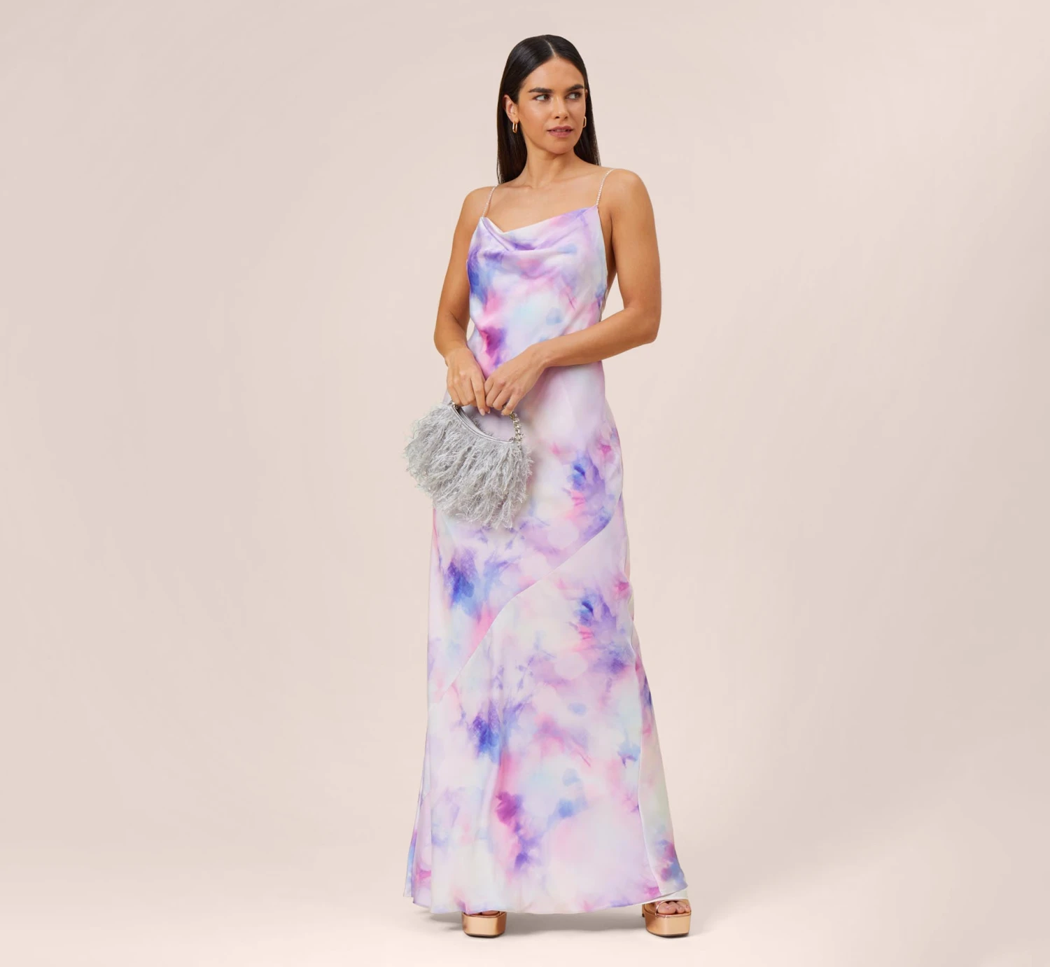 Watercolor Print Satin Gown In Purple Multi 2 Watercolor Print Satin Gown In Purple Multi - Image 2