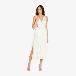 Chiffon Midi-Length A-Line Cocktail Dress With Cutouts In Ivory