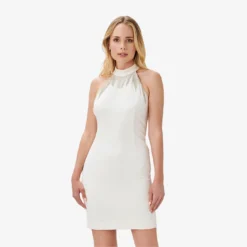 Crepe Mini Sheath Cocktail Dress With Crystal Trim In Ivory