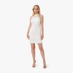 Crepe Mini Sheath Cocktail Dress With Crystal Trim In Ivory 8 Crepe Mini Sheath Cocktail Dress With Crystal Trim In Ivory -Glam Mirth Sales MN1E207116 AC194 Regular Side