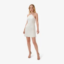 Fringe-Trim Short Sheath Cocktail Halter Dress In Ivory 8 Fringe-Trim Short Sheath Cocktail Halter Dress In Ivory -Glam Mirth Sales MN1E207151 AC194 Regular Side