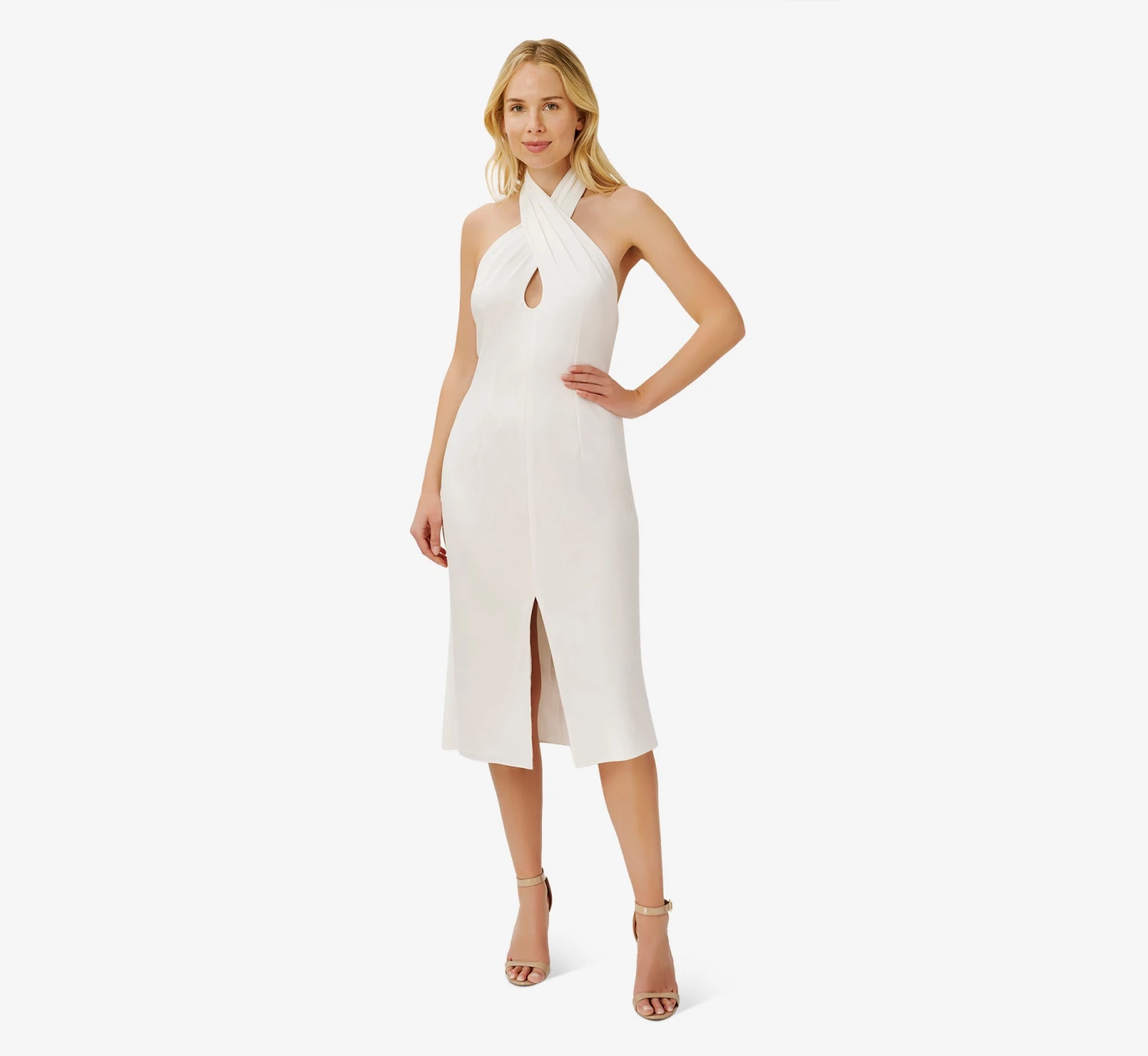 Satin Crisscross Halter Midi-Length Cocktail Dress In Ivory 3 Satin Crisscross Halter Midi-Length Cocktail Dress In Ivory - Image 3