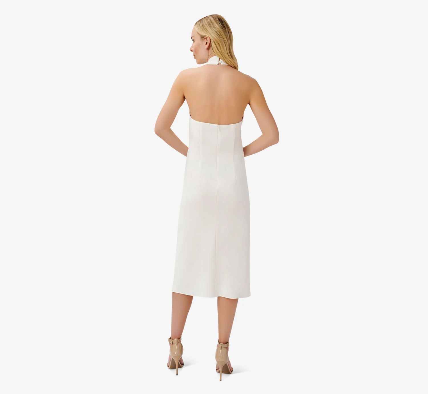 Satin Crisscross Halter Midi-Length Cocktail Dress In Ivory 2 Satin Crisscross Halter Midi-Length Cocktail Dress In Ivory - Image 2