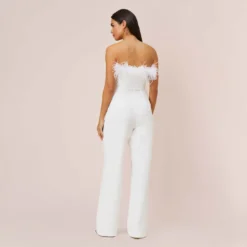 Feather-Trim Crepe Strapless Jumpsuit In Ivory 9 Feather-Trim Crepe Strapless Jumpsuit In Ivory -Glam Mirth Sales MN1E207287 AC194 Regular Back