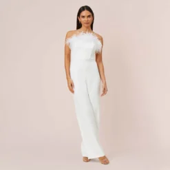 Feather-Trim Crepe Strapless Jumpsuit In Ivory
