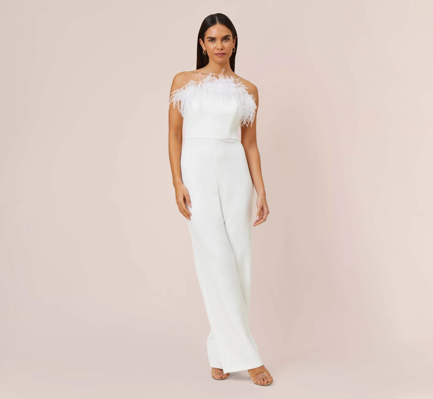 Feather-Trim Crepe Strapless Jumpsuit In Ivory 1 Feather-Trim Crepe Strapless Jumpsuit In Ivory