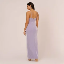 Lurex Knit Column Gown With Gathered Details In Lilac -Glam Mirth Sales MN1E207305 AA532 Regular Back