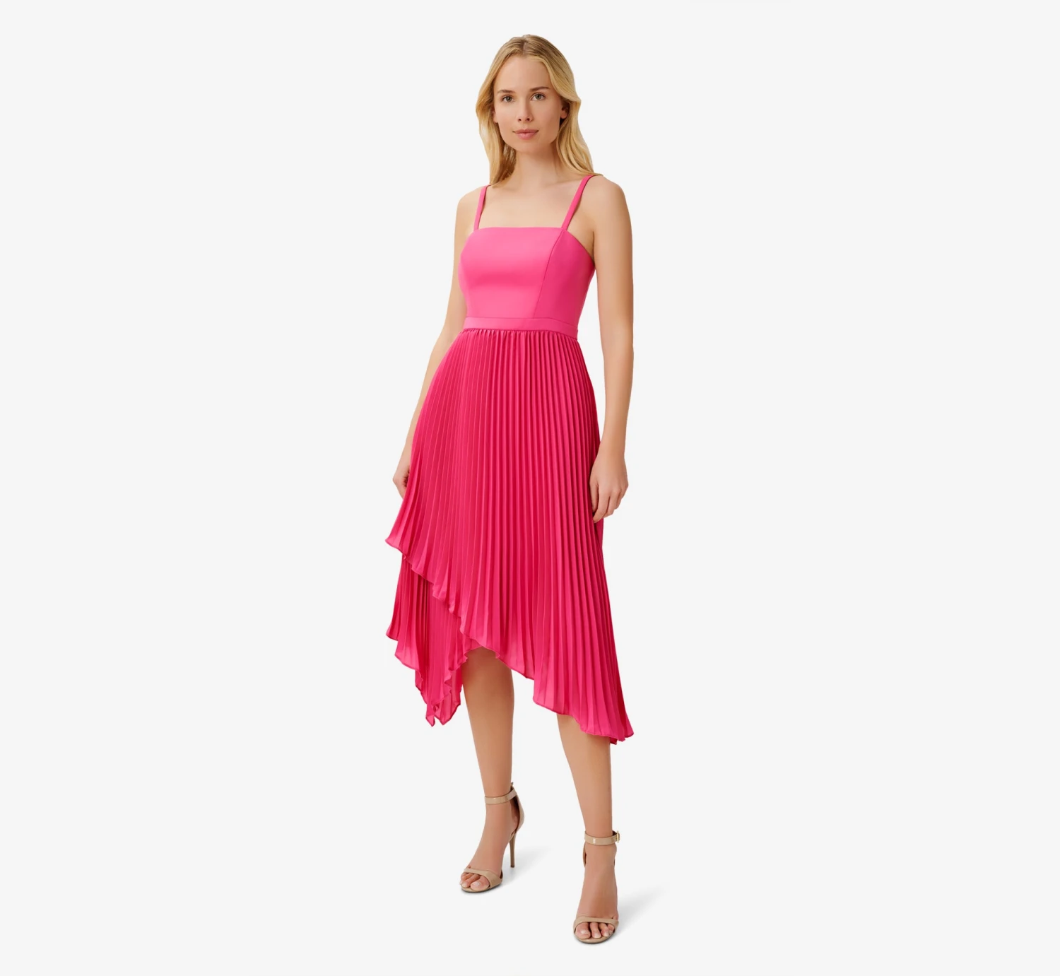 Asymmetrical Pleated Midi-Length Dress In Watermelon Bliss 3 Asymmetrical Pleated Midi-Length Dress In Watermelon Bliss - Image 3