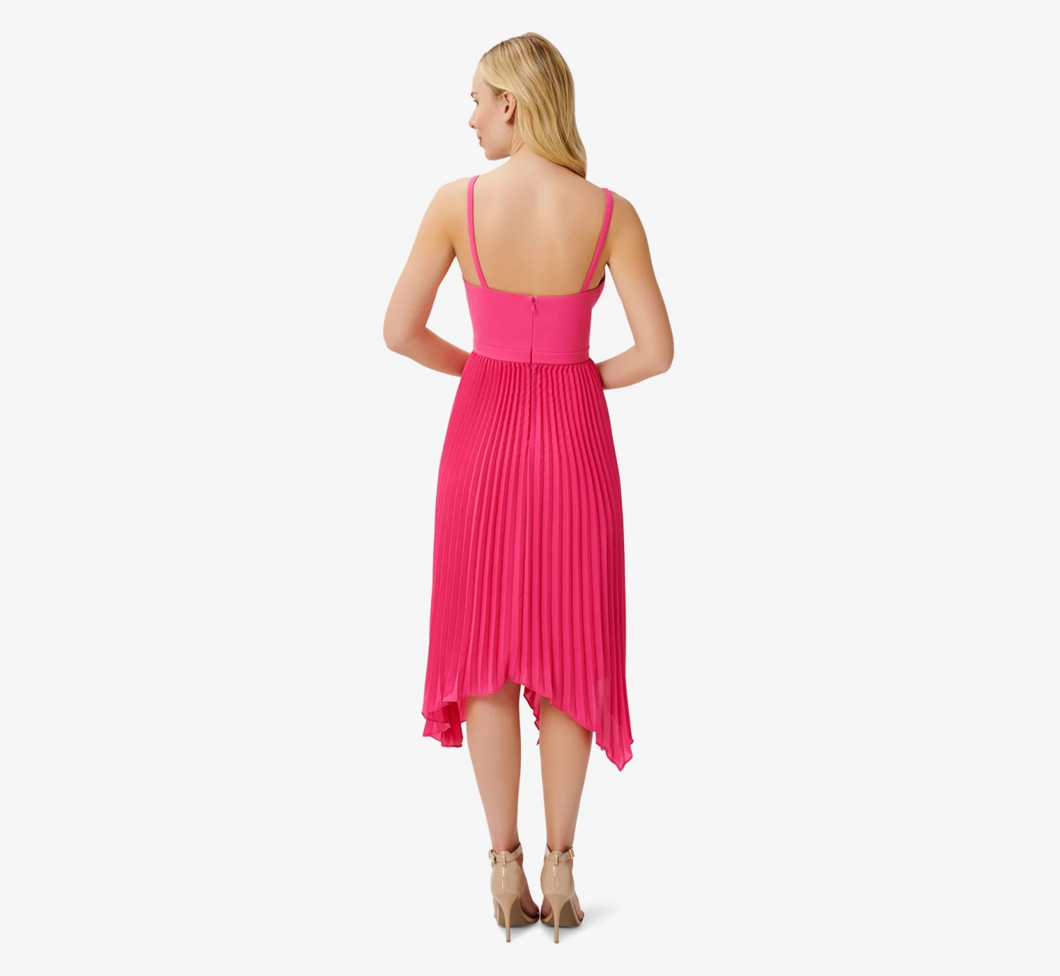 Asymmetrical Pleated Midi-Length Dress In Watermelon Bliss 2 Asymmetrical Pleated Midi-Length Dress In Watermelon Bliss - Image 2