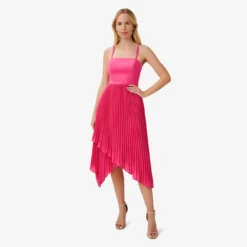 Asymmetrical Pleated Midi-Length Dress In Watermelon Bliss 7 Asymmetrical Pleated Midi-Length Dress In Watermelon Bliss -Glam Mirth Sales MN1E207308 AH660 Regular Side