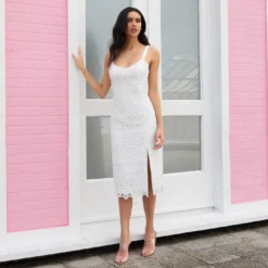 Crochet-Embroidered Midi-Length Sheath Cocktail Dress In Ivory 9 Crochet-Embroidered Midi-Length Sheath Cocktail Dress In Ivory -Glam Mirth Sales MN1E207314 AC194 Regular Default