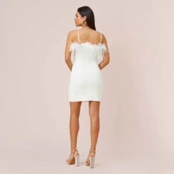 Feather Trimmed Crepe Short Sheath Cocktail Dress In Ivory -Glam Mirth Sales MN1E207440 AC194 Regular Back
