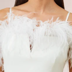 Feather Trimmed Crepe Short Sheath Cocktail Dress In Ivory -Glam Mirth Sales MN1E207440 AC194 Regular Side