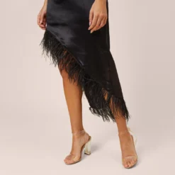 One-Shoulder Satin Dress With Feather Trim In Black 8 One-Shoulder Satin Dress With Feather Trim In Black -Glam Mirth Sales MN1E207482 AA002 Regular Alternate