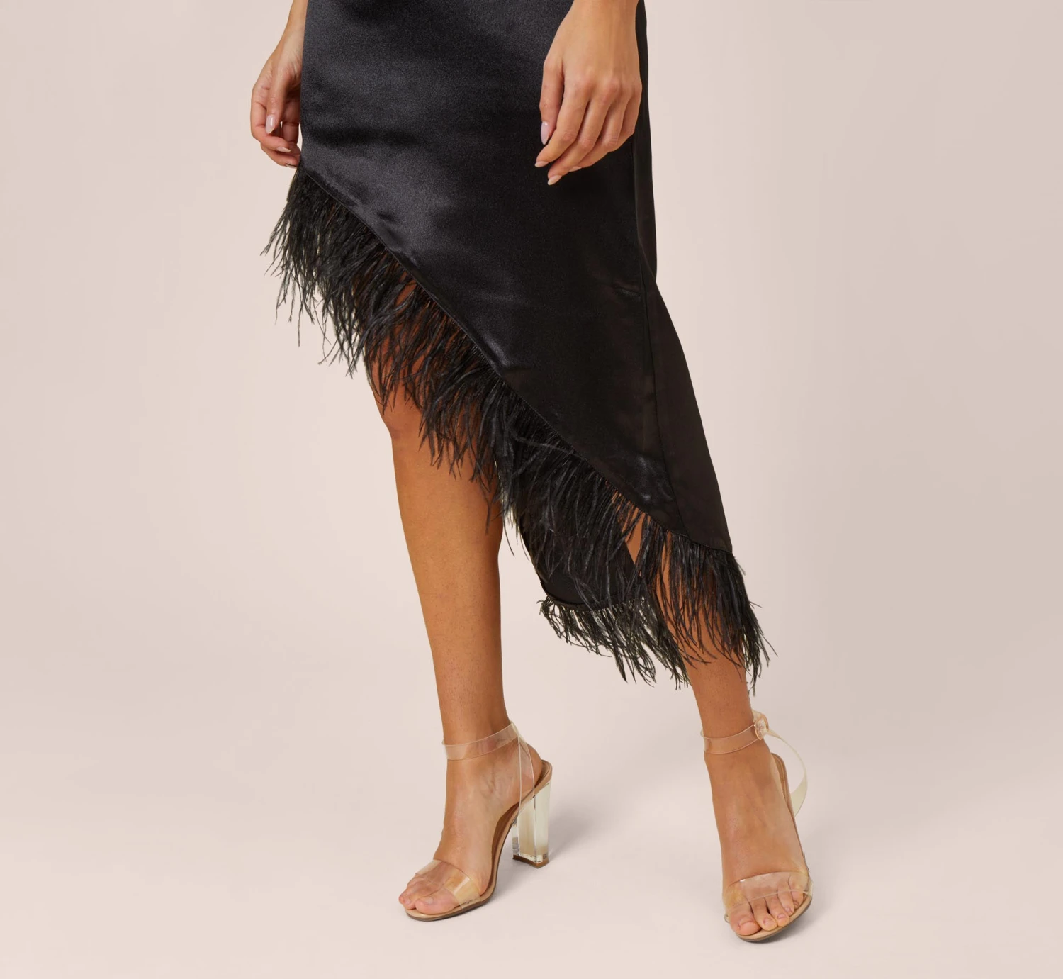One-Shoulder Satin Dress With Feather Trim In Black 3 One-Shoulder Satin Dress With Feather Trim In Black - Image 3