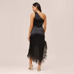 One-Shoulder Satin Dress With Feather Trim In Black 9 One-Shoulder Satin Dress With Feather Trim In Black -Glam Mirth Sales MN1E207482 AA002 Regular Back