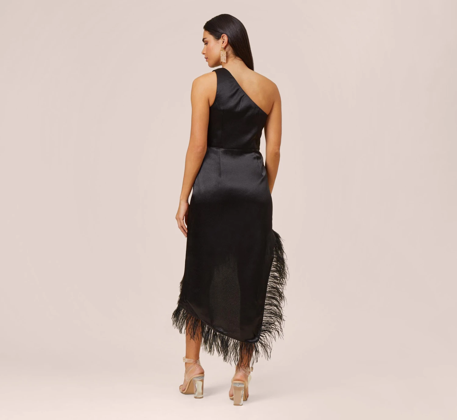 One-Shoulder Satin Dress With Feather Trim In Black 4 One-Shoulder Satin Dress With Feather Trim In Black - Image 4