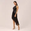 One-Shoulder Satin Dress With Feather Trim In Black