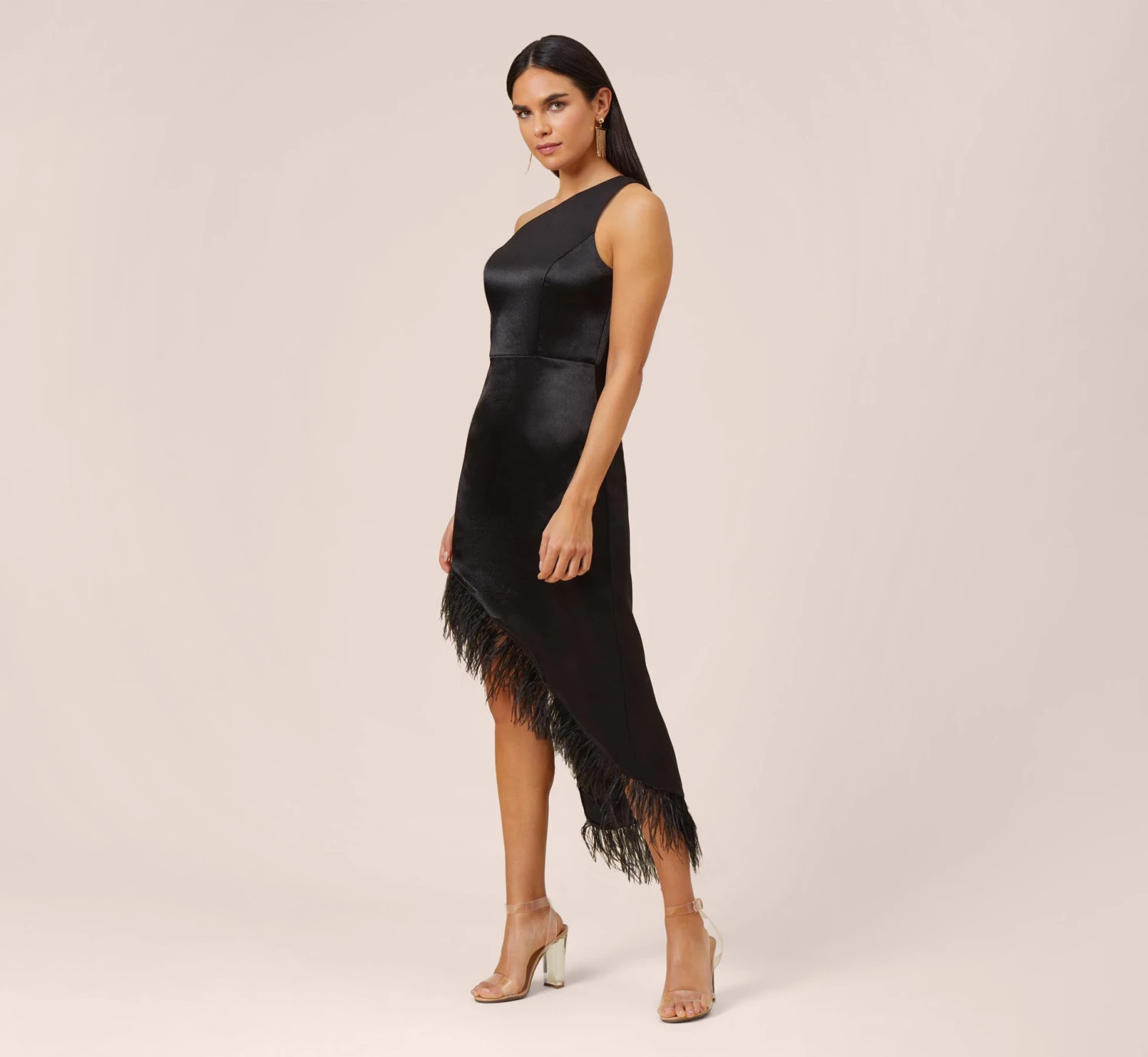 One-Shoulder Satin Dress With Feather Trim In Black 1 One-Shoulder Satin Dress With Feather Trim In Black