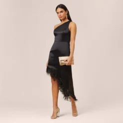 One-Shoulder Satin Dress With Feather Trim In Black 11 One-Shoulder Satin Dress With Feather Trim In Black -Glam Mirth Sales MN1E207482 AA002 Regular Lifestyle
