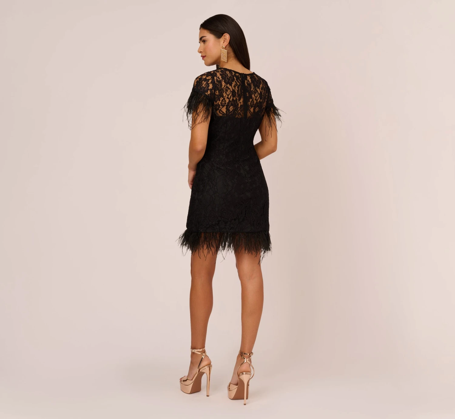 Floral Lace And Feather Trimmed Short Sheath Cocktail Dress In Black 4 Floral Lace And Feather Trimmed Short Sheath Cocktail Dress In Black - Image 4
