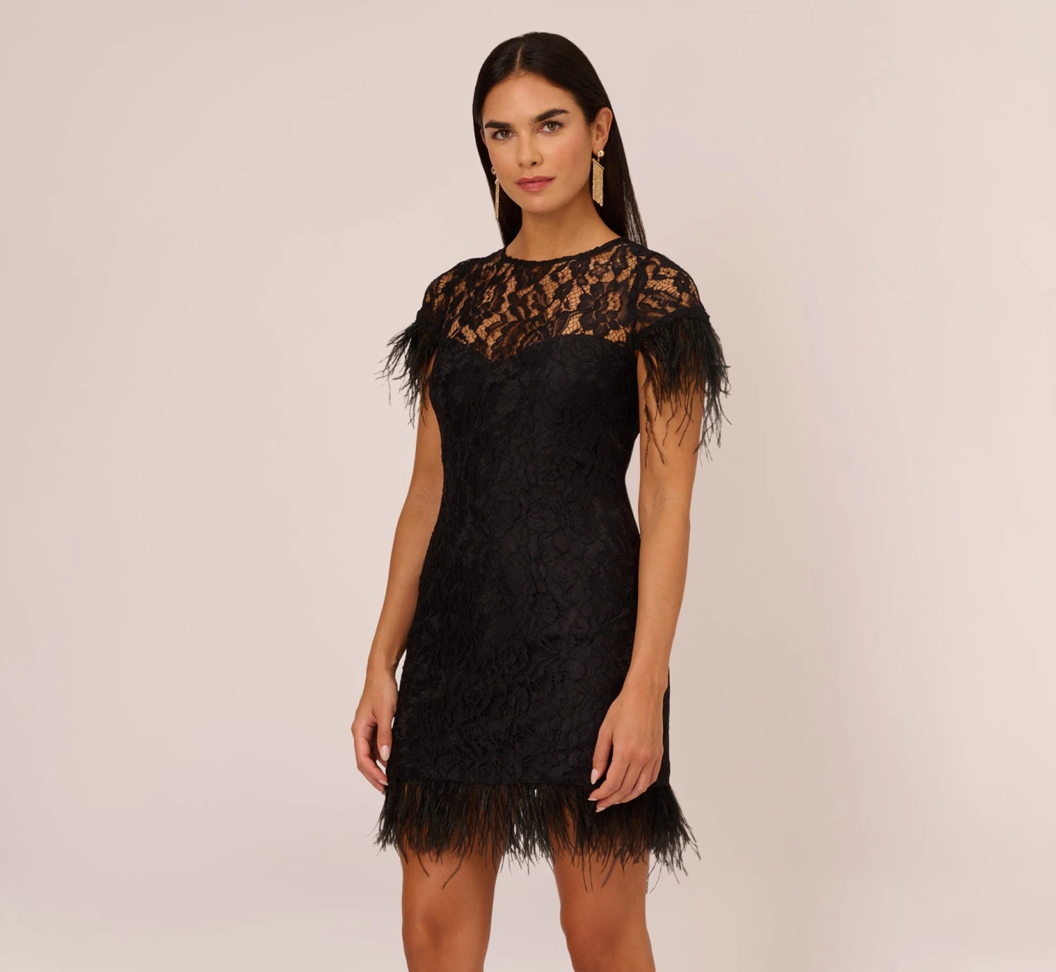 Floral Lace And Feather Trimmed Short Sheath Cocktail Dress In Black 1 Floral Lace And Feather Trimmed Short Sheath Cocktail Dress In Black