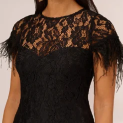 Floral Lace And Feather Trimmed Short Sheath Cocktail Dress In Black 11 Floral Lace And Feather Trimmed Short Sheath Cocktail Dress In Black -Glam Mirth Sales MN1E207483 AA002 Regular Detail