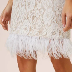 Floral Lace And Feather Trimmed Short Sheath Cocktail Dress In Ivory 10 Floral Lace And Feather Trimmed Short Sheath Cocktail Dress In Ivory -Glam Mirth Sales MN1E207483 AC194 Regular Alternate