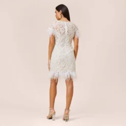 Floral Lace And Feather Trimmed Short Sheath Cocktail Dress In Ivory 9 Floral Lace And Feather Trimmed Short Sheath Cocktail Dress In Ivory -Glam Mirth Sales MN1E207483 AC194 Regular Back