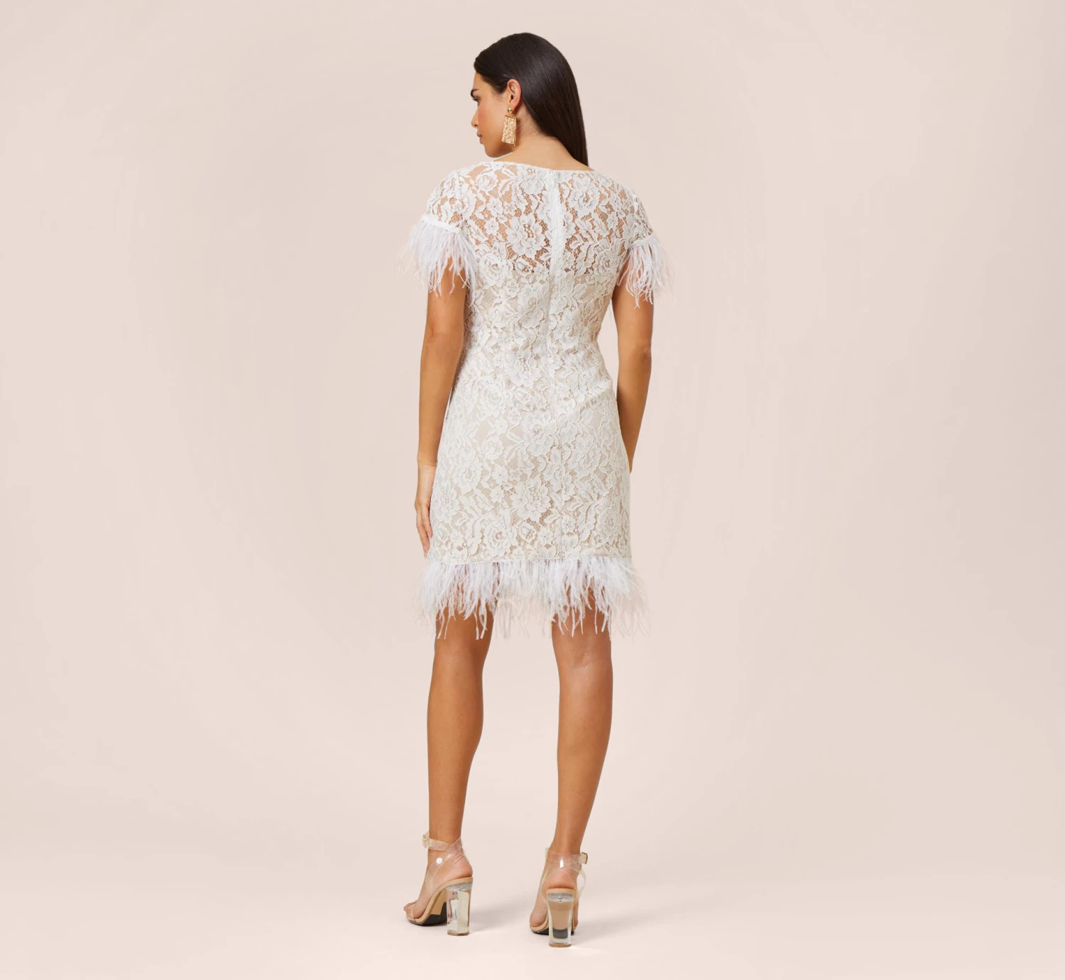 Floral Lace And Feather Trimmed Short Sheath Cocktail Dress In Ivory 4 Floral Lace And Feather Trimmed Short Sheath Cocktail Dress In Ivory - Image 4