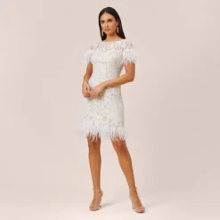 Floral Lace And Feather Trimmed Short Sheath Cocktail Dress In Ivory