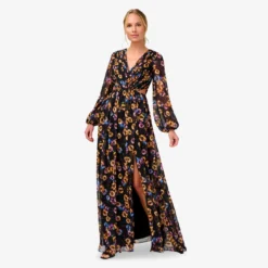 Floral-Print Pleated Chiffon Long A-Line Gown In Black Multi 6 Floral-Print Pleated Chiffon Long A-Line Gown In Black Multi -Glam Mirth Sales MN1E207505 AA960 Regular Alternate