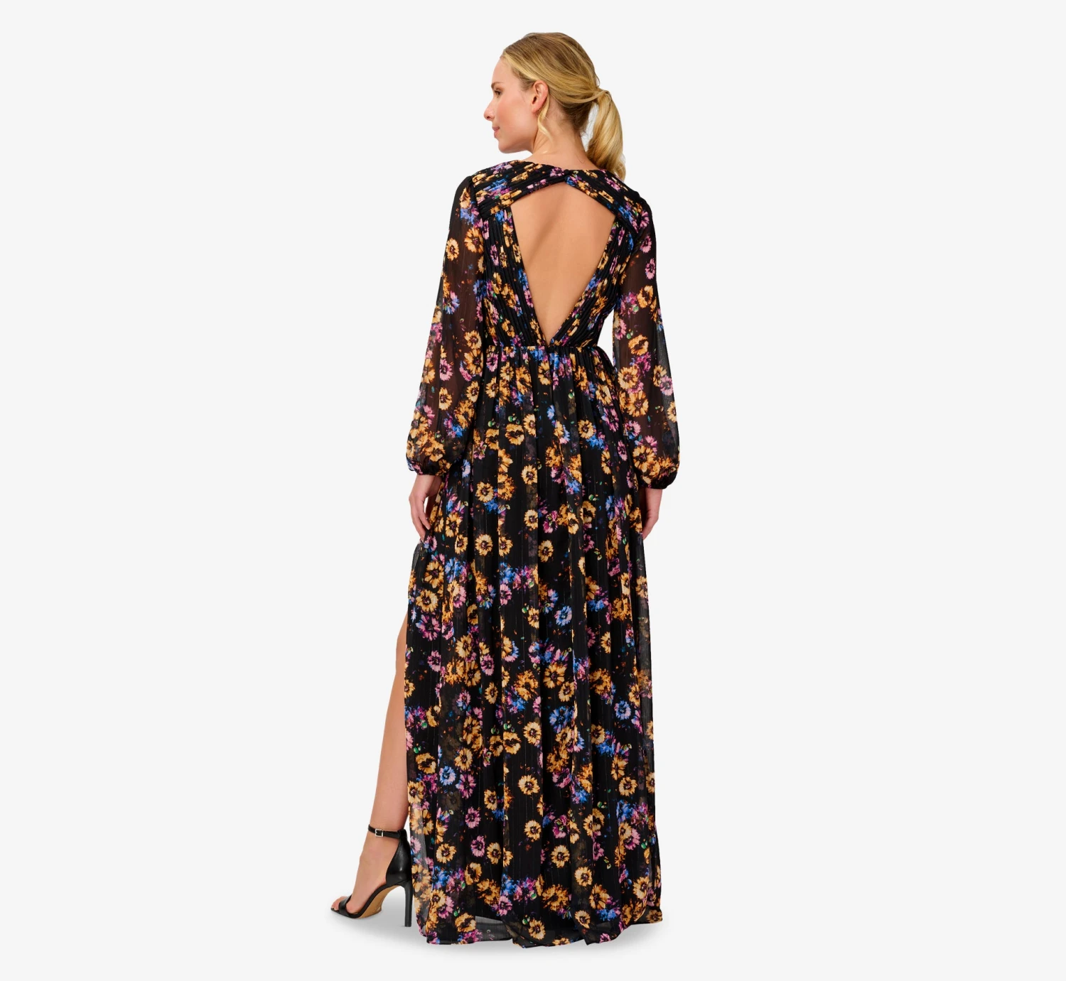 Floral-Print Pleated Chiffon Long A-Line Gown In Black Multi 2 Floral-Print Pleated Chiffon Long A-Line Gown In Black Multi - Image 2