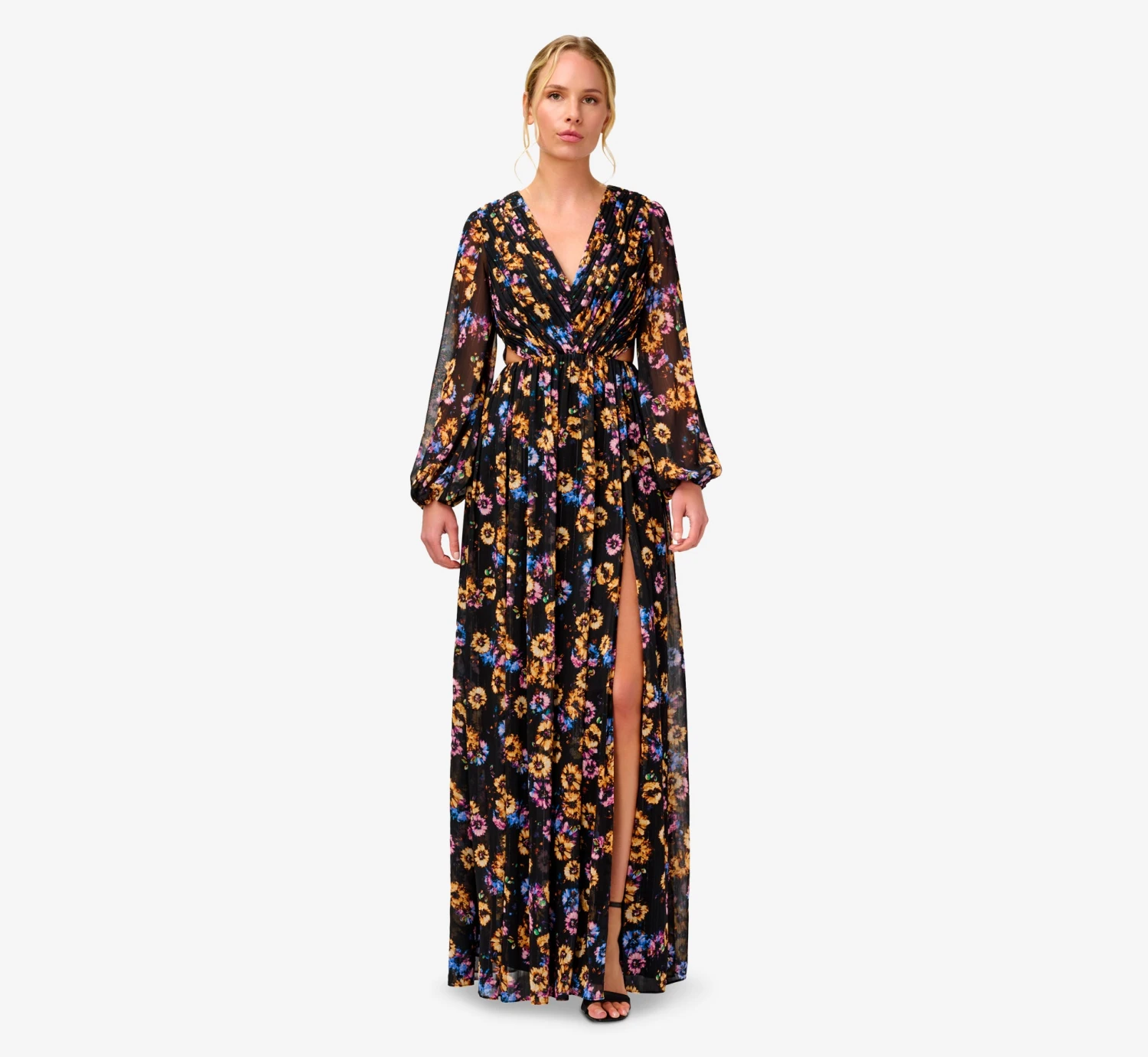Floral-Print Pleated Chiffon Long A-Line Gown In Black Multi 1 Floral-Print Pleated Chiffon Long A-Line Gown In Black Multi