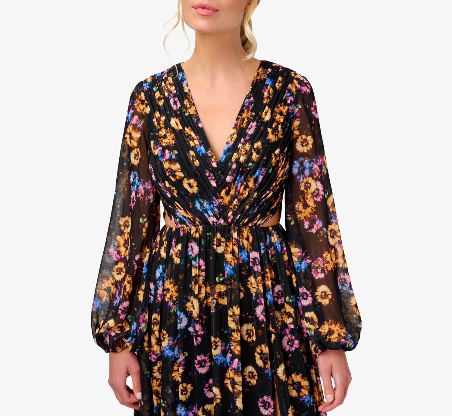 Floral-Print Pleated Chiffon Long A-Line Gown In Black Multi 4 Floral-Print Pleated Chiffon Long A-Line Gown In Black Multi - Image 4