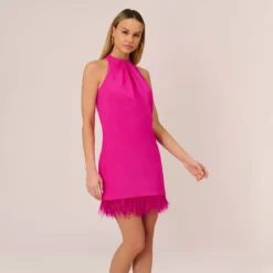 Feather Trimmed Crepe Short Cocktail Trapeze Halter Dress In Pink Flame