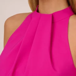 Feather Trimmed Crepe Short Cocktail Trapeze Halter Dress In Pink Flame -Glam Mirth Sales MN1E207564 AR670 Regular Detail