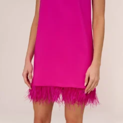 Feather Trimmed Crepe Short Cocktail Trapeze Halter Dress In Pink Flame -Glam Mirth Sales MN1E207564 AR670 Regular Lifestyle