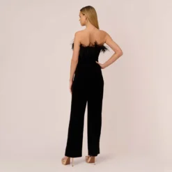 Feather Trimmed Strapless Velvet Jumpsuit In Black 9 Feather Trimmed Strapless Velvet Jumpsuit In Black -Glam Mirth Sales MN1E207614 AA002 Regular Back