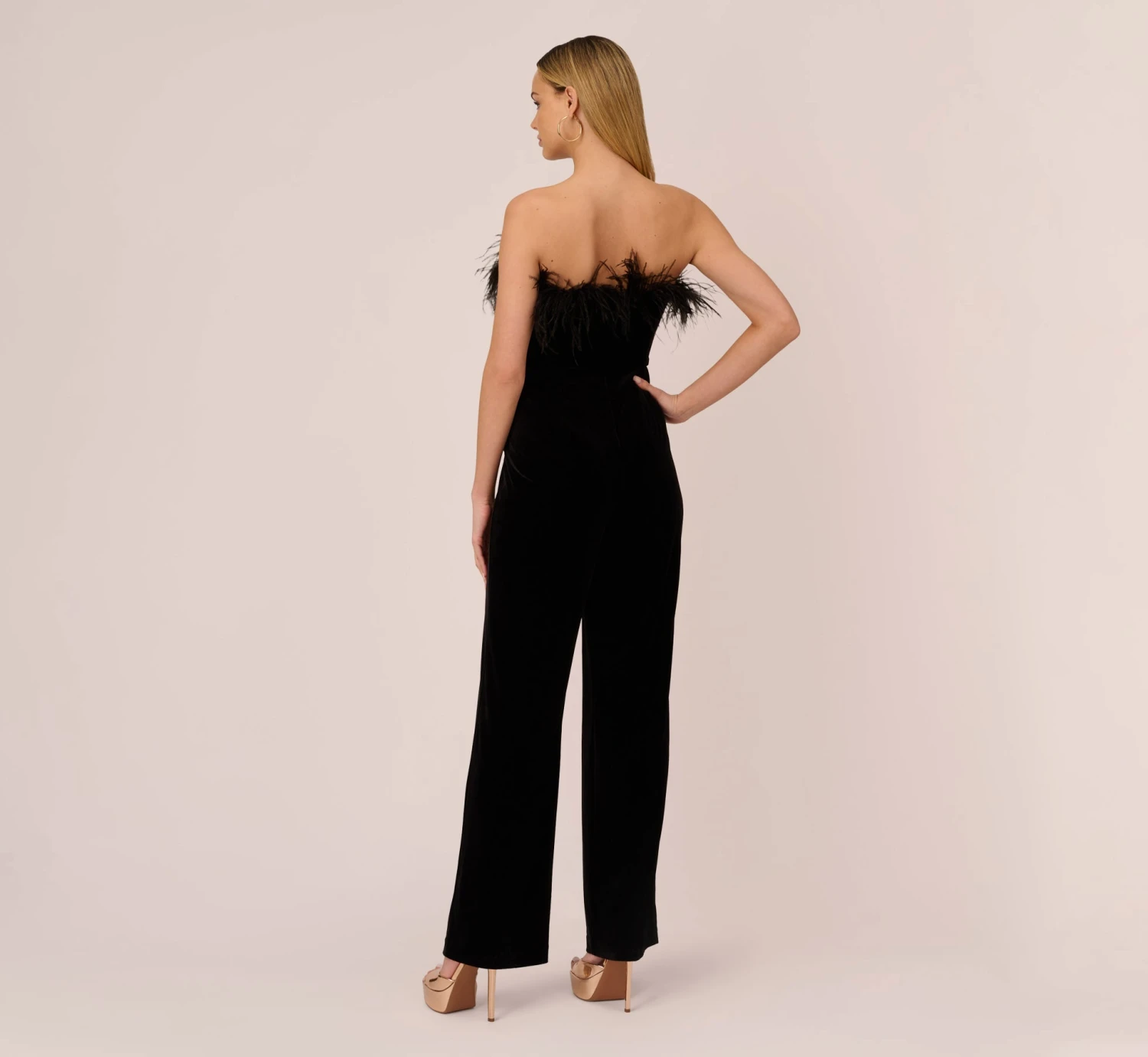 Feather Trimmed Strapless Velvet Jumpsuit In Black 4 Feather Trimmed Strapless Velvet Jumpsuit In Black - Image 4