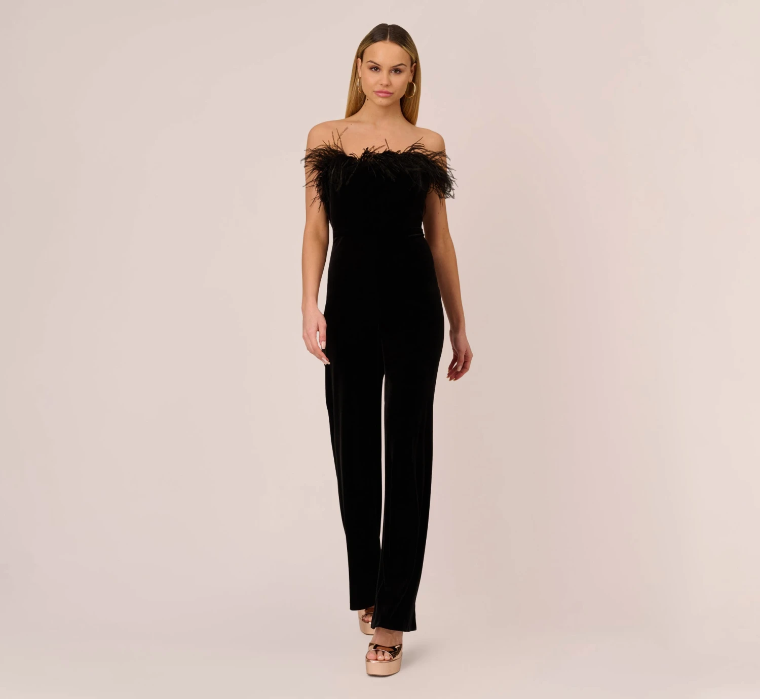 Feather Trimmed Strapless Velvet Jumpsuit In Black 1 Feather Trimmed Strapless Velvet Jumpsuit In Black