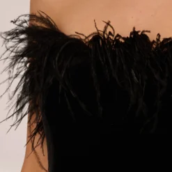 Feather Trimmed Strapless Velvet Jumpsuit In Black 8 Feather Trimmed Strapless Velvet Jumpsuit In Black -Glam Mirth Sales MN1E207614 AA002 Regular Lifestyle