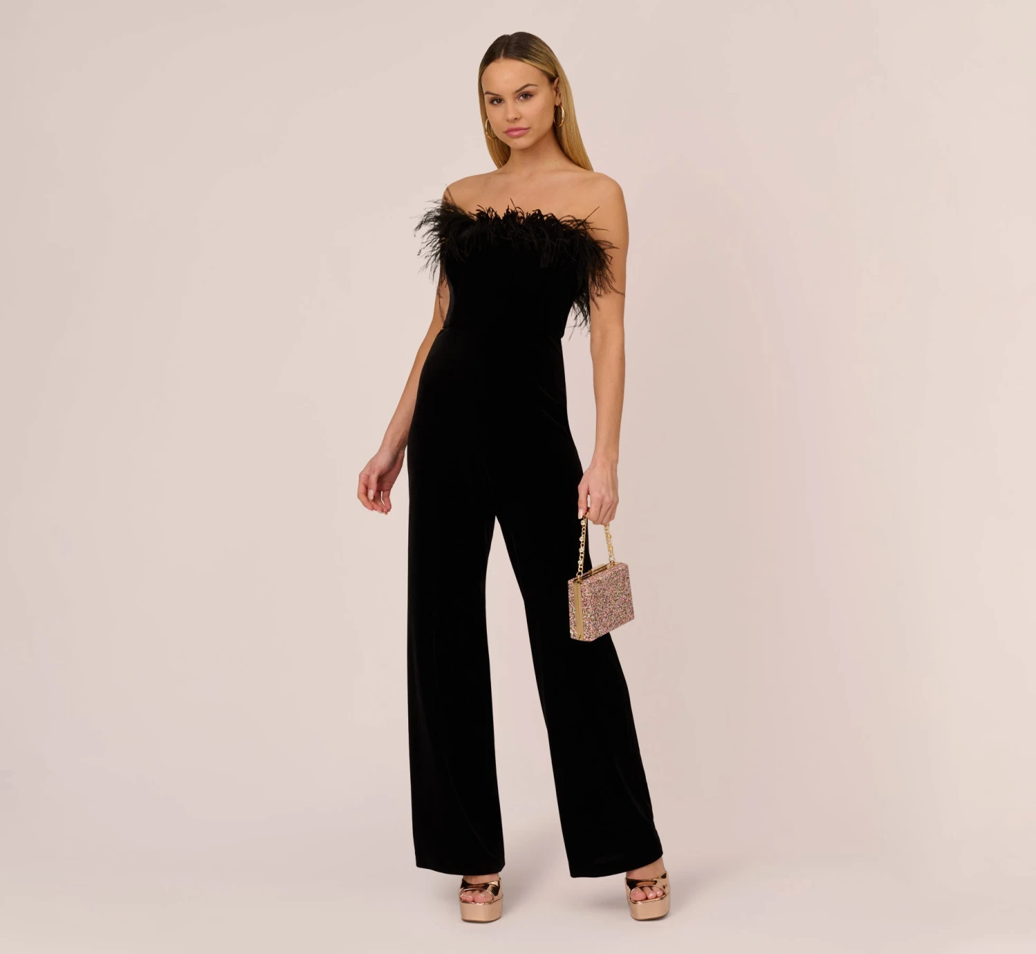 Feather Trimmed Strapless Velvet Jumpsuit In Black 2 Feather Trimmed Strapless Velvet Jumpsuit In Black - Image 2
